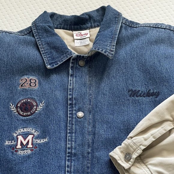 VTG Mickey Mouse Jean Jacket Quilt Lined Denim Coat Bomber Varsity Disney Size L - Picture 1 of 16